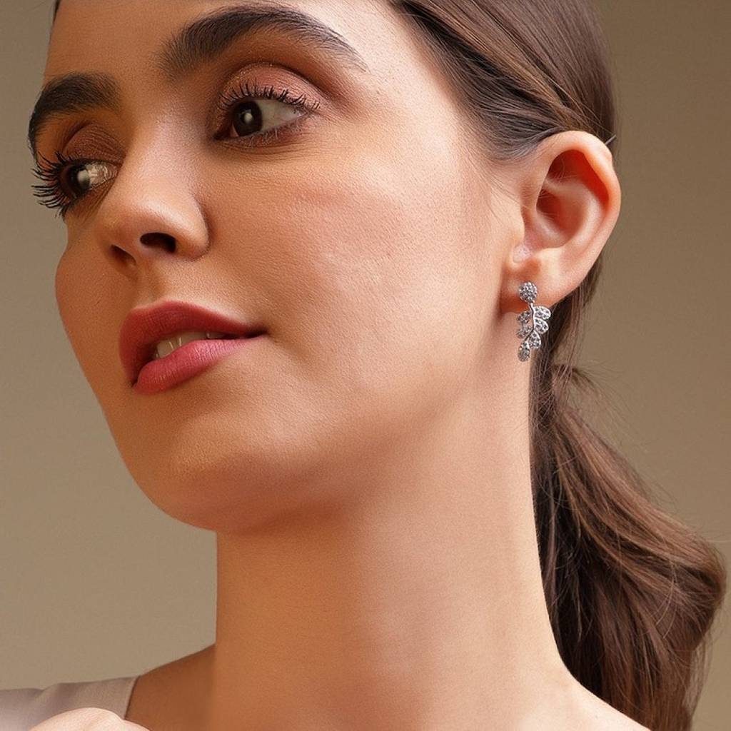 Elegant Cz Leaf 925 Silver Earrings : EAR-20157