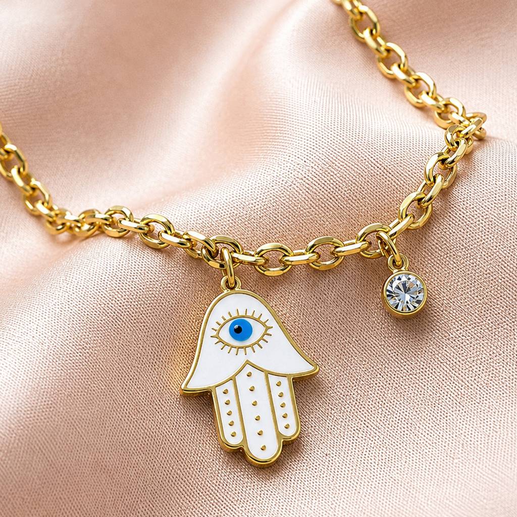 Hamsa Evil Eye Crystal Charm Gold-Tone Anti-Tarnish Bracelet For Women : JW-HSPS60MB2021