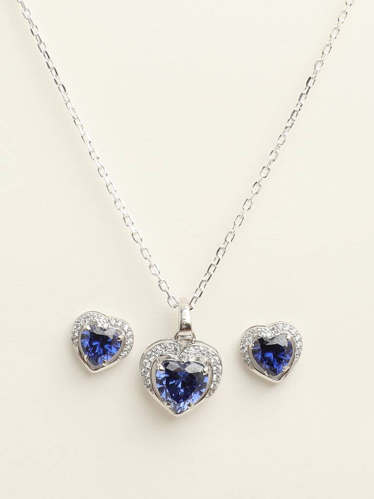 92.5 Sterling Silver Rhodium Plated Swiss Zirconia Royal Blue Heart Pendant Earring Chain Jewellery Set Gift  : CSCLRP1E1HT_BS