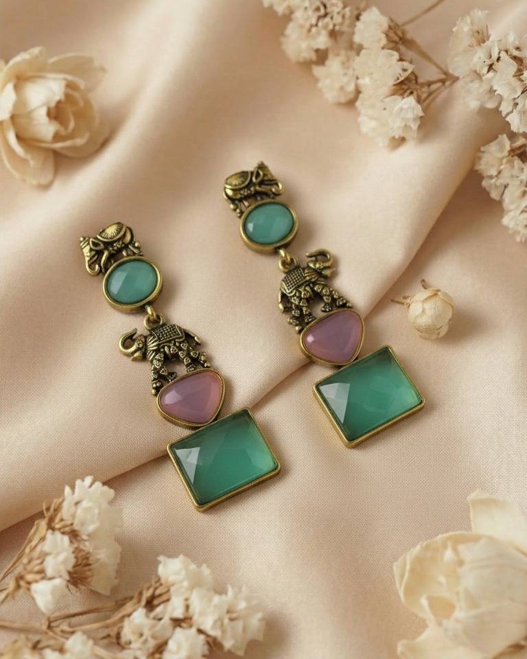 Antique Gold Elephant Design Long Drop Earrings : ORP106Light(GreenPink)