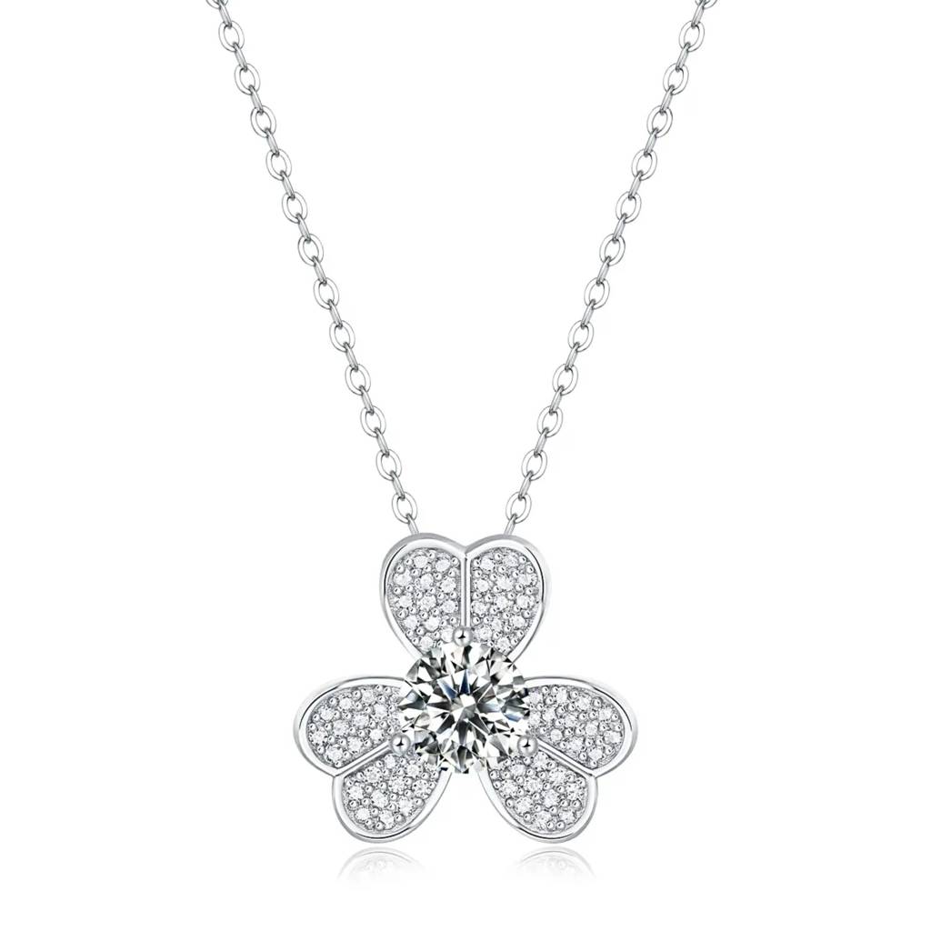 14K White Gold Plated Floral Pendant Moissanite Necklace : CJNK2