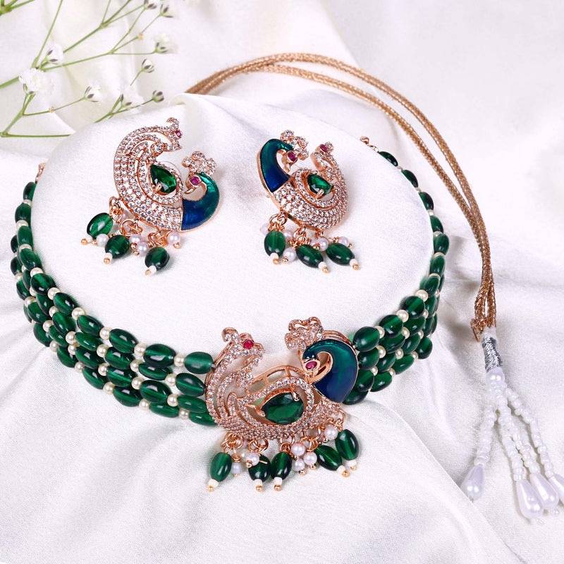 Traditional Peacock Design Cz Stone Beaded Choker Set : AD-935-RGGNNKER