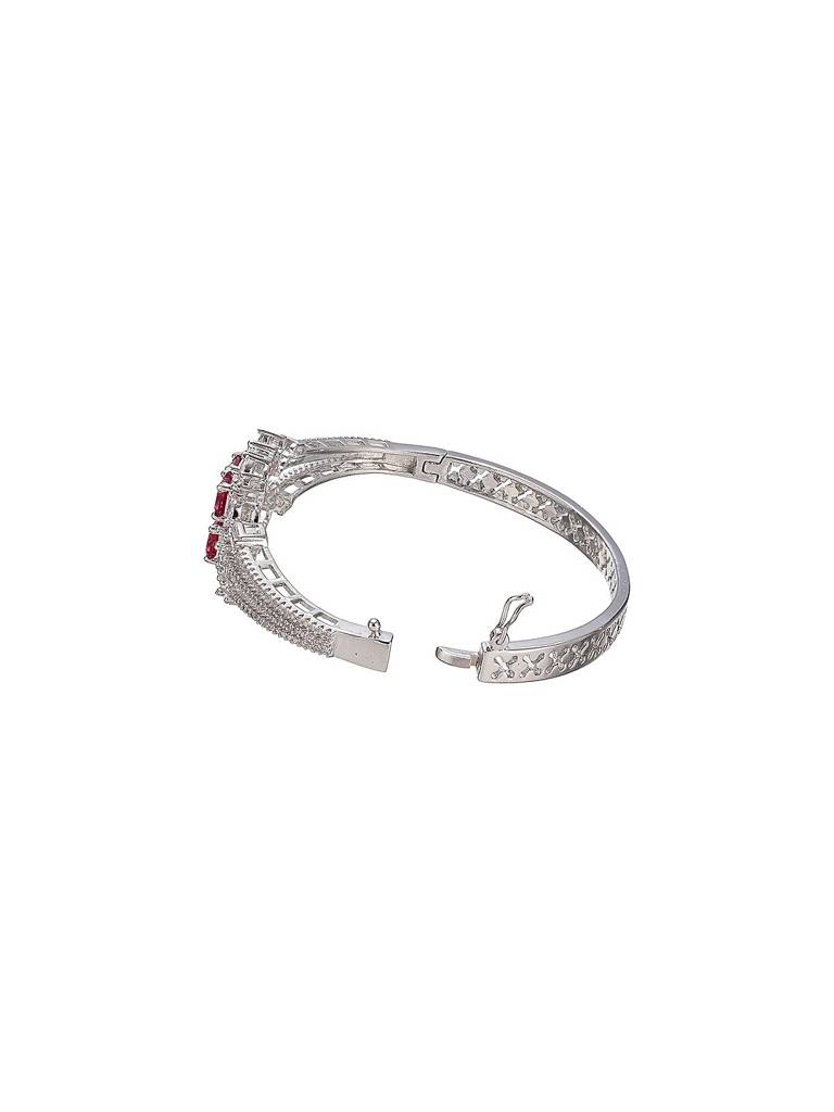 Silver Plated Ruby Red  Cubic Zirconia Geometric Luxe Bridal Kada Bracelet : SJBR2937