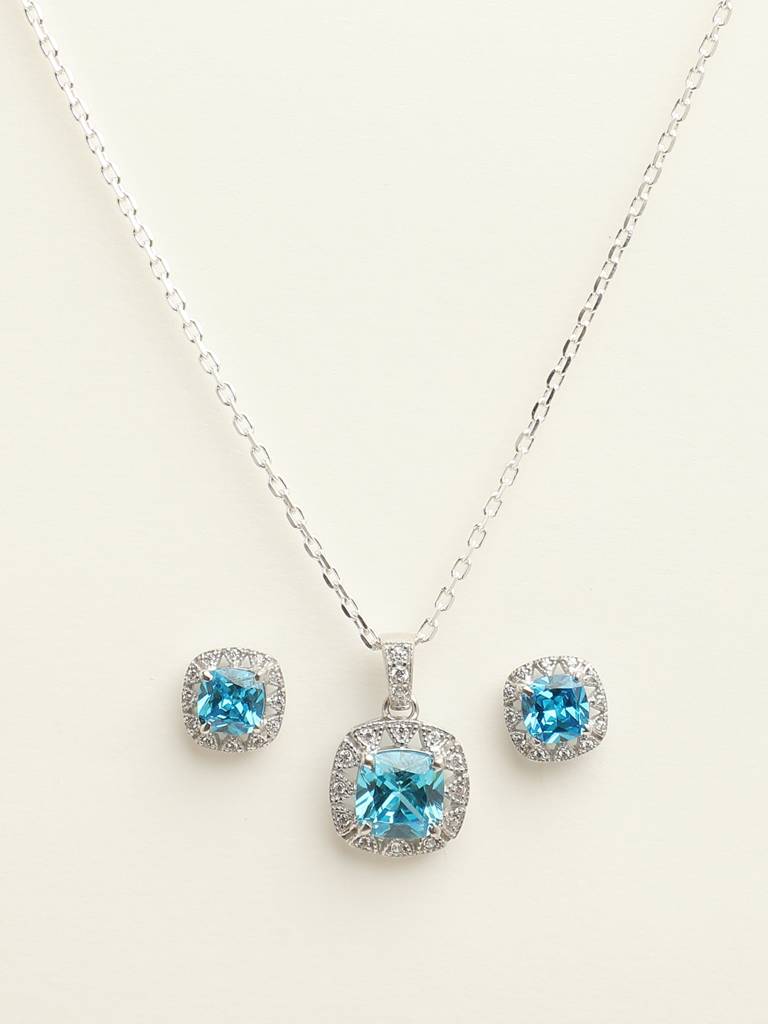 92.5 Sterling Silver Rhodium Plated Swiss Zirconia Sky Blue Cushion Pendant Earring Chain Jewellery Set Gift  : CSCLRP2E2CU_BT