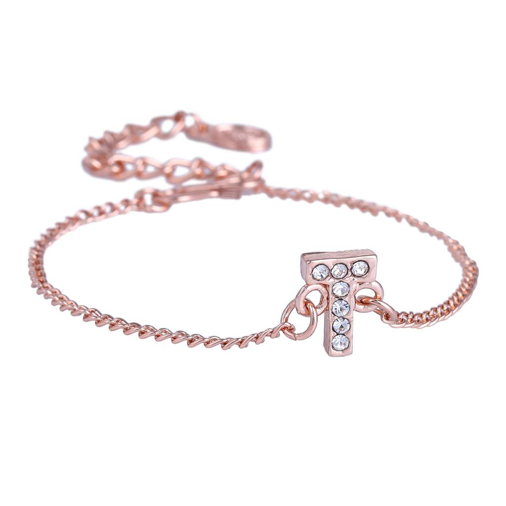 Estele Rosegold Plated Captivating Medium 'T' Letter Bracelet With Crystals For Women : 102178-RG-TBR