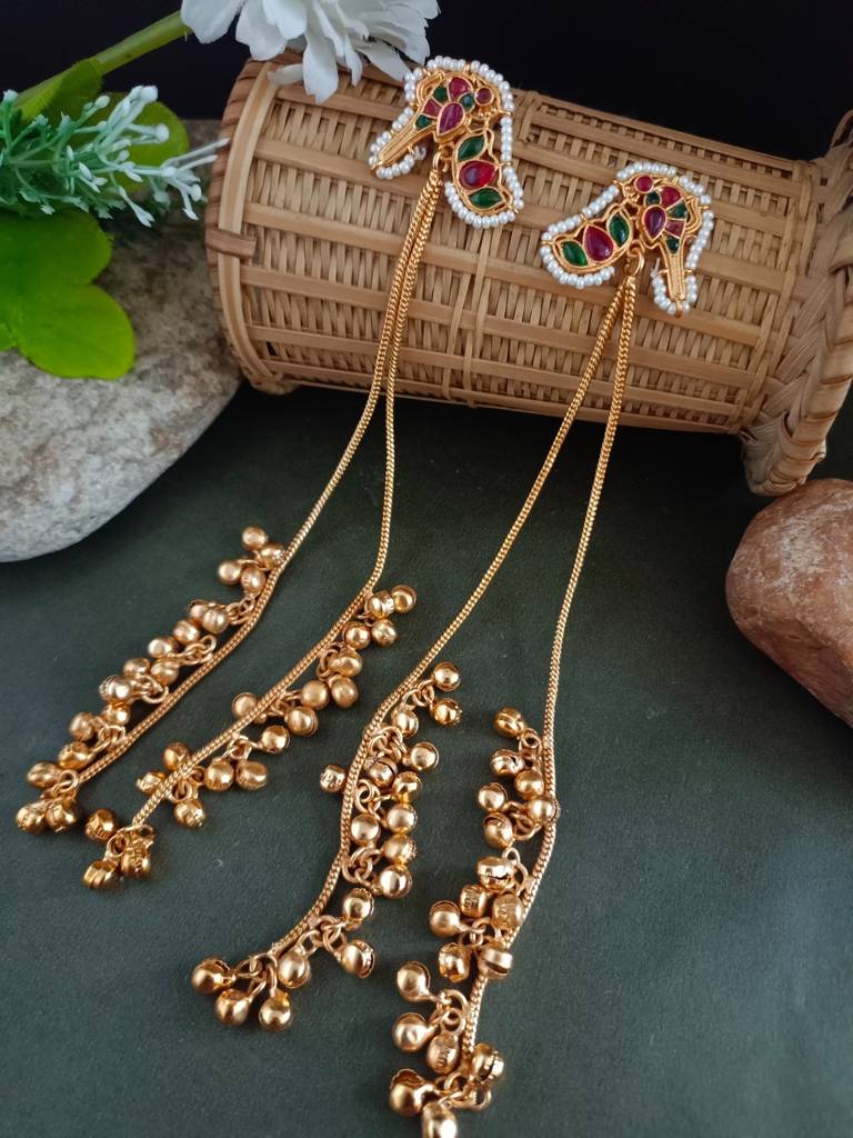 Kundan Studded & Ghungroo Beaded Tasselled Peacock Drop Meenakari Earrings : VS105310