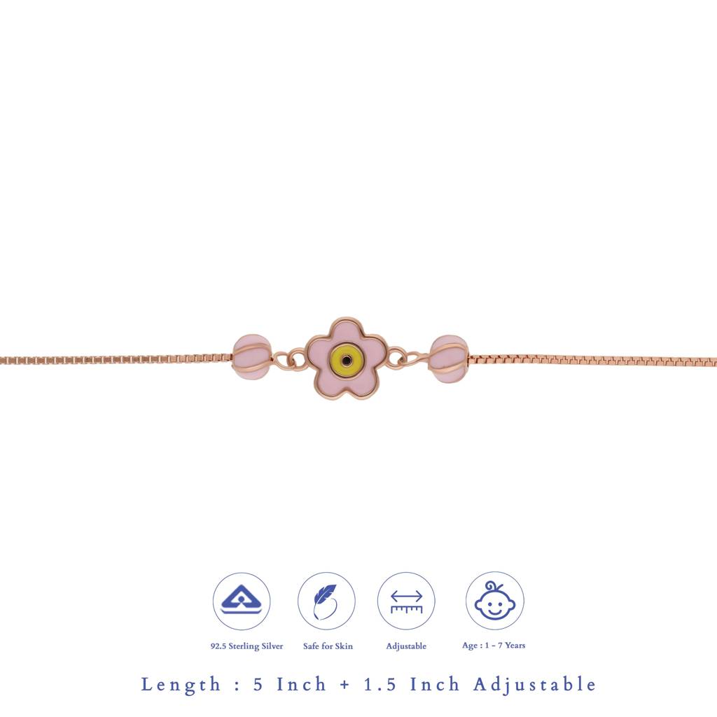 Cute Floral Glow Rose Gold Polish Kid Silver Bracelet ( 1-7 Yrs) | 925 Hallmark | Adjustable : KB-BR-RG-U-114-S
