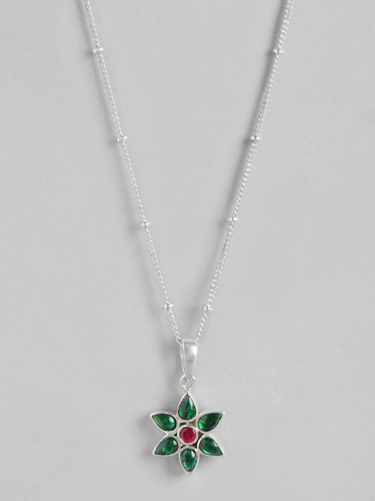 92.5 Silver Green Kundan Flower Necklace : U100SG007MY033