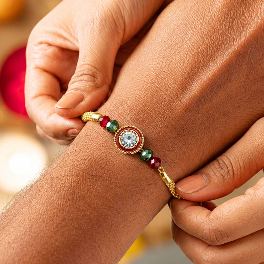 Luxury Crystal Rakhi With Red & Green Beads For Raksha Bandhan : JW-HSPS60MB2262