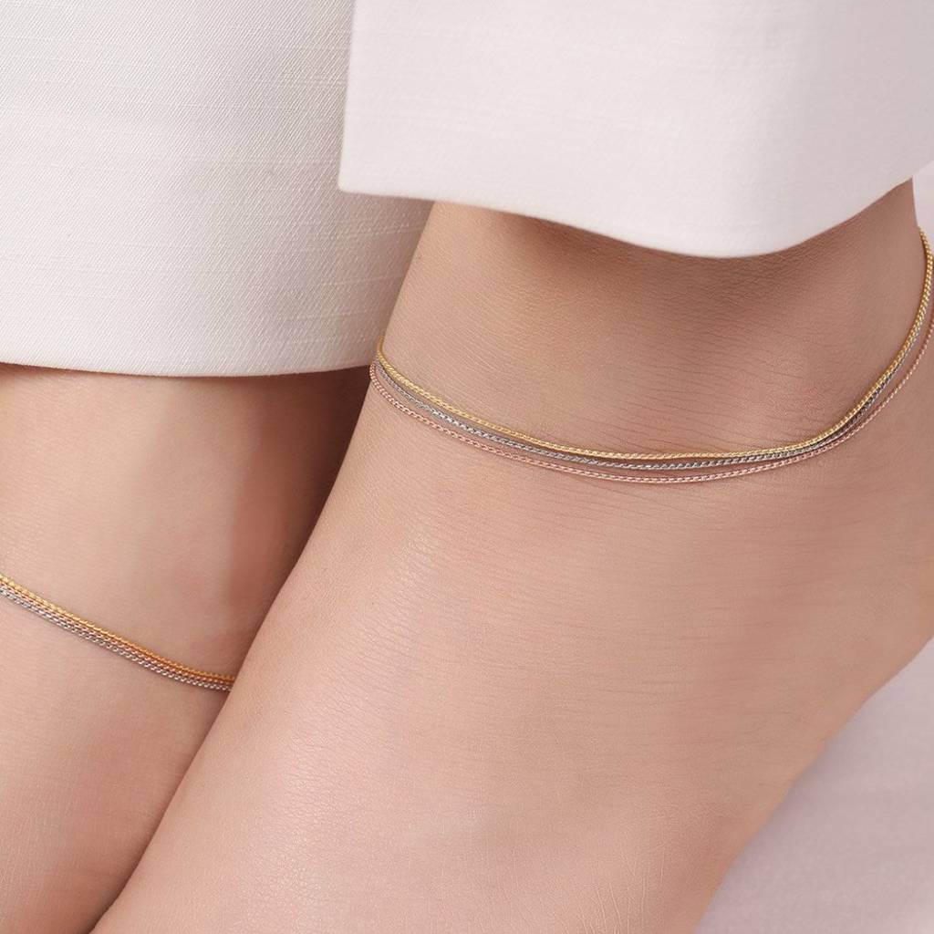 Elegance Tri-Tone Plated 925 Sterling Silver Chain Anklet : ANK-60365-PAIR-RGRG