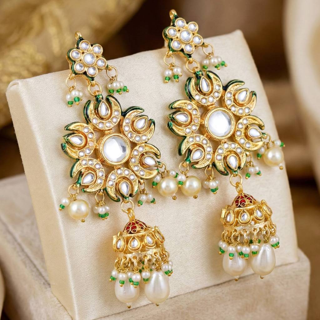 18K Gold Plated Kundan Jhumka With Green Back Meenakari Earrings : 1320-J5EK-2301-W
