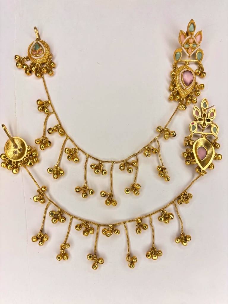 Gold-Plated Premium Kundan Red Stone-Studded Kan Chain Earrings : VI26EROX100371