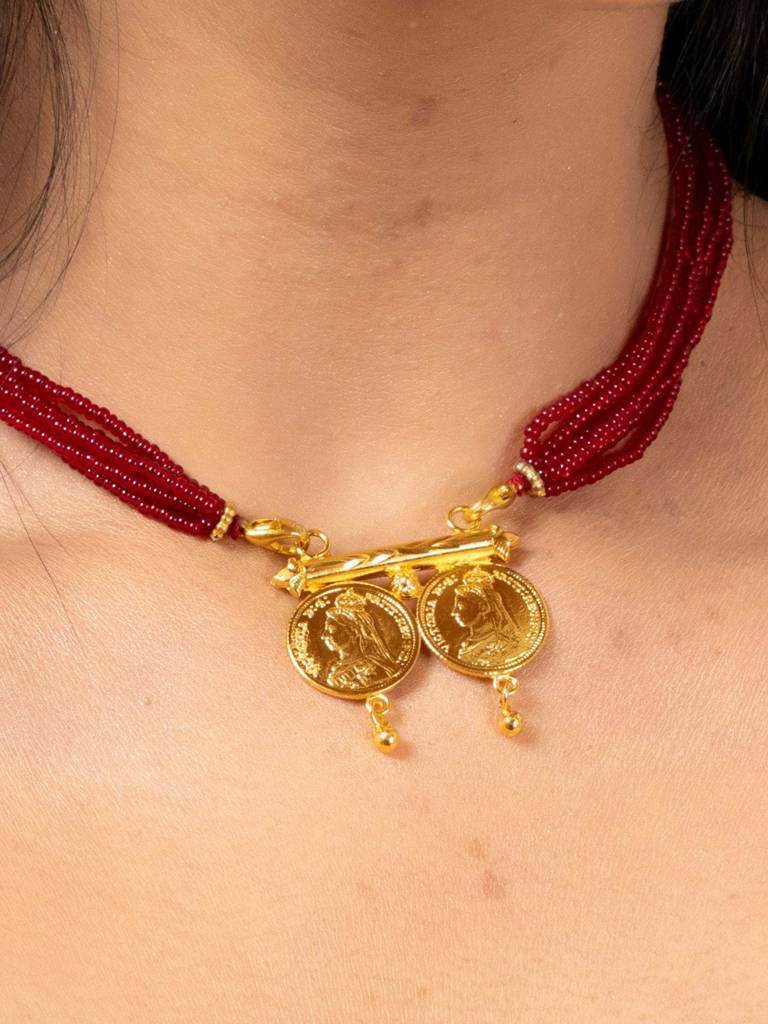 Gold Plated Victorian Double Coin Mangalsutra Necklace Set : LAANP106