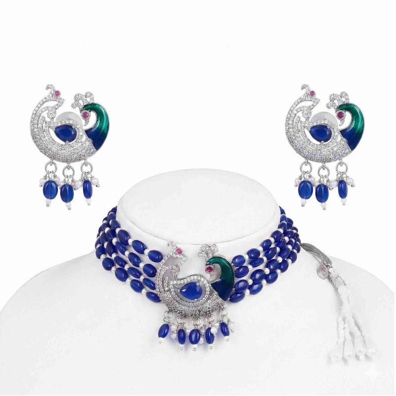 Traditional Peacock Design Cz Stone Beaded Choker Set : AD-935-IRBLNKER