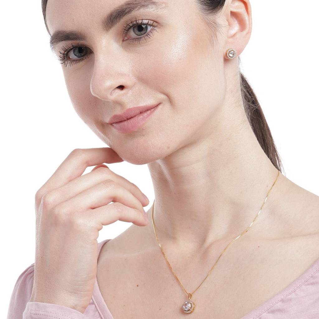 Classic Solitaire Golden Plated 925 Sterling Silver Jewellery Set : JS-70049-C