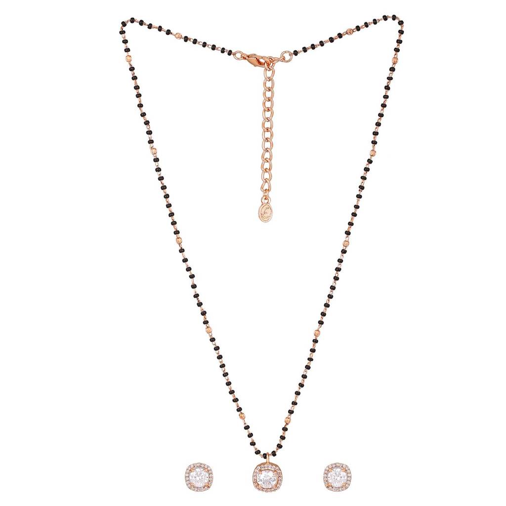 Estele Rose Gold Plated Cz Sparkling Square Designer Mangalsutra Necklace Set For Women