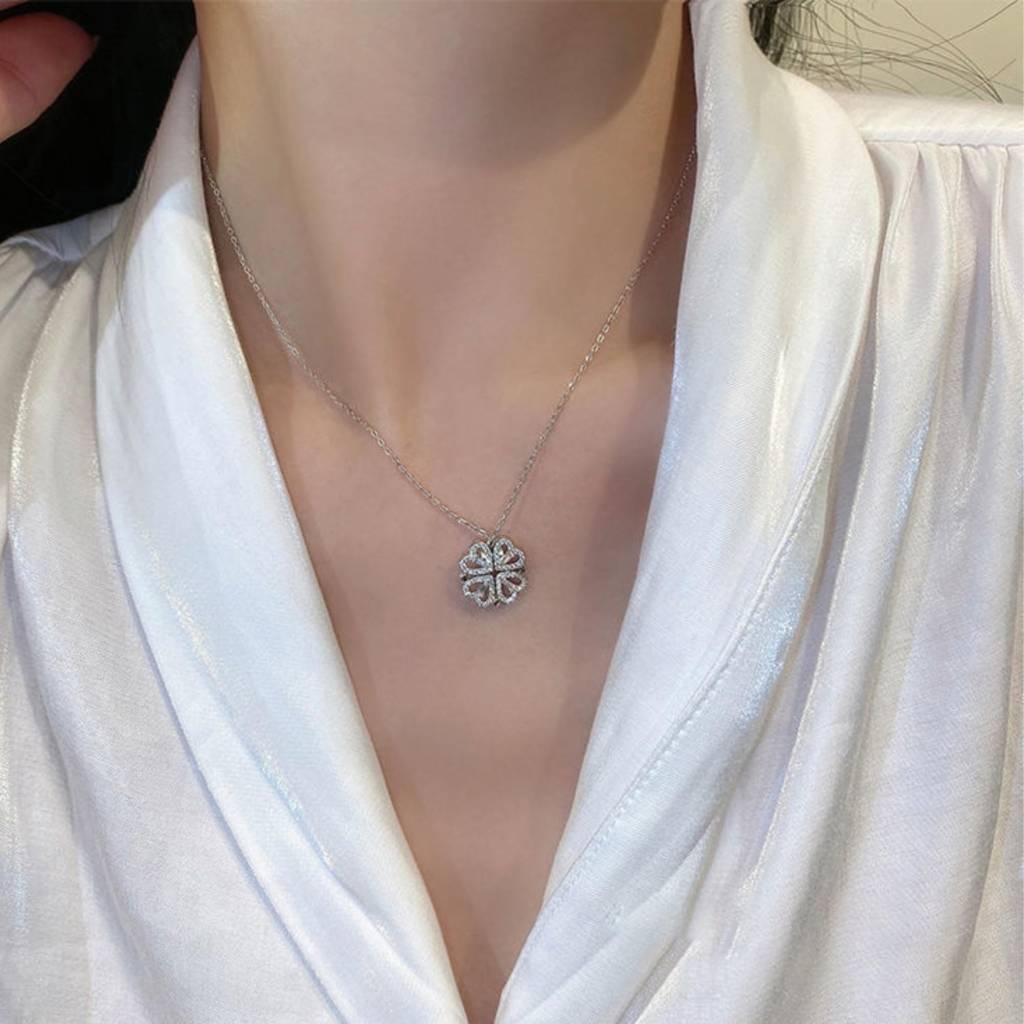 Magnetic Heart Flower Pendant Necklace : NC_SS_4hrt_slv