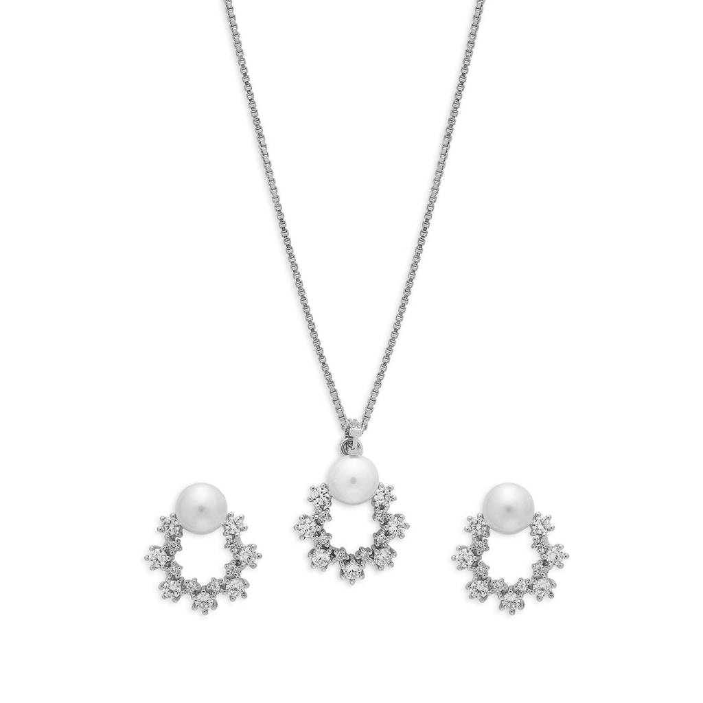 Floral Symphony Ensemble Rhodium-Plated 925 Sterling Silver Jewelry Set : JS-70058-C-R
