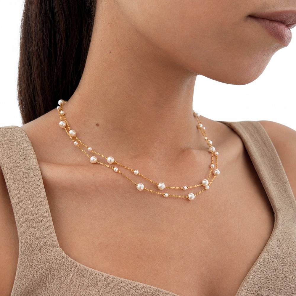 Women 18K Gold-Plated White Pearl-Studded Double-Strand Layered Station Necklace : 100787
