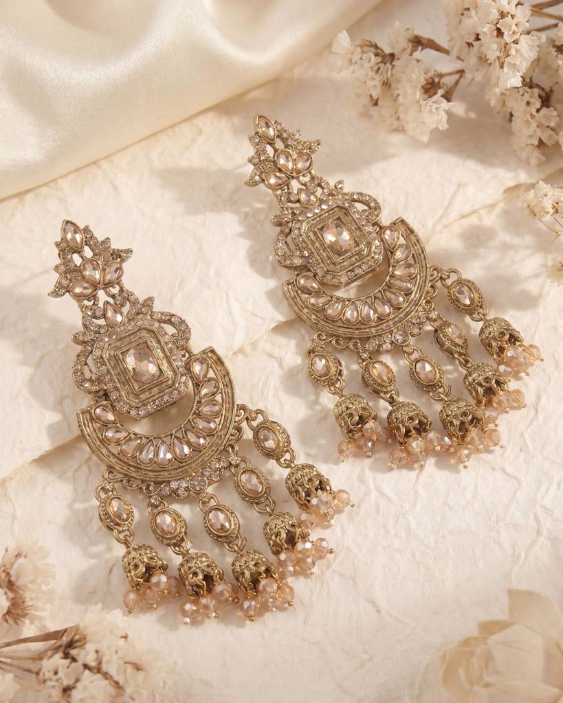 Antique Gold Champagne Crystal Cluster Long Dangle Earrings : ORP209