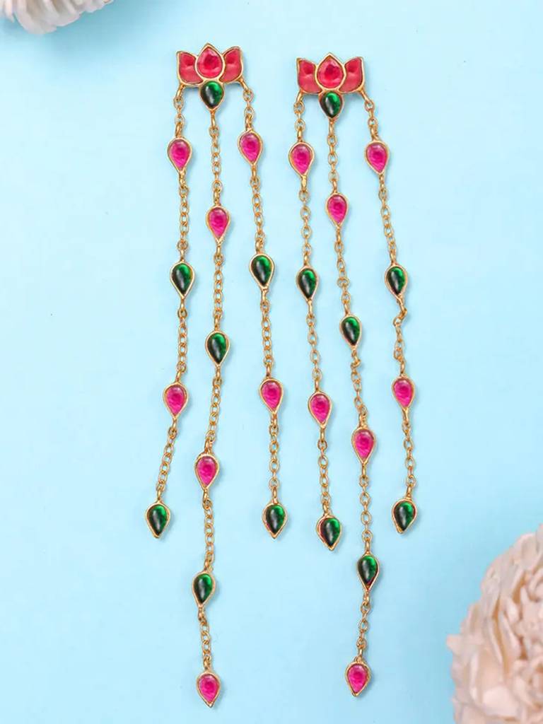Long Silver 92.5 Kundan Lotus Danglers : U080SG0016E1174