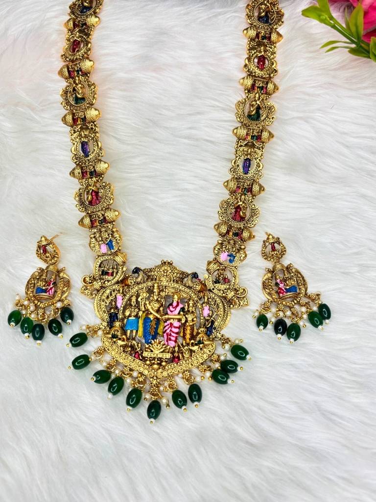 Gold-Plated Traditional Srinivasa Kalyana Bridal Long Haram With Earring Temple Jewellery Set : VI26JSTJ100008