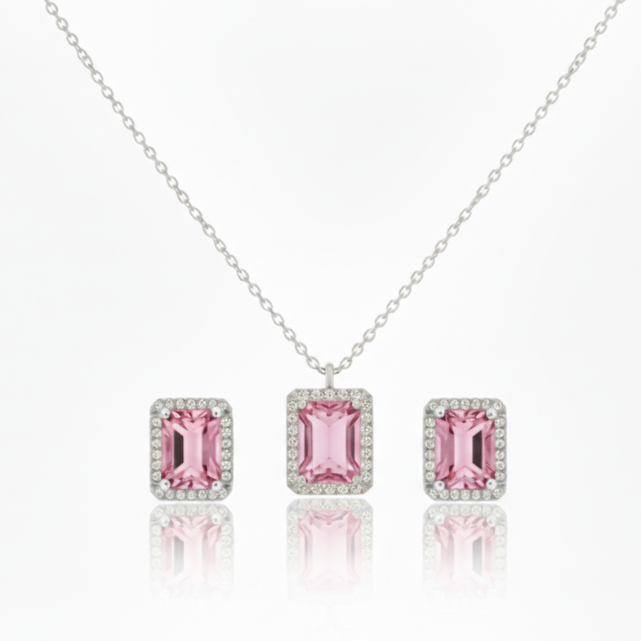 Royal Pink Square Diamond Necklace For Women | Elegant Pink Crystal Square Pendant Jewellery : 3516043554