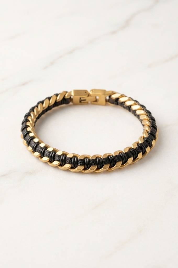 Men'S Braided Black Leather & Gold Plated Cuban Link Stainless Steel Bracelet : MSYKBL5D005