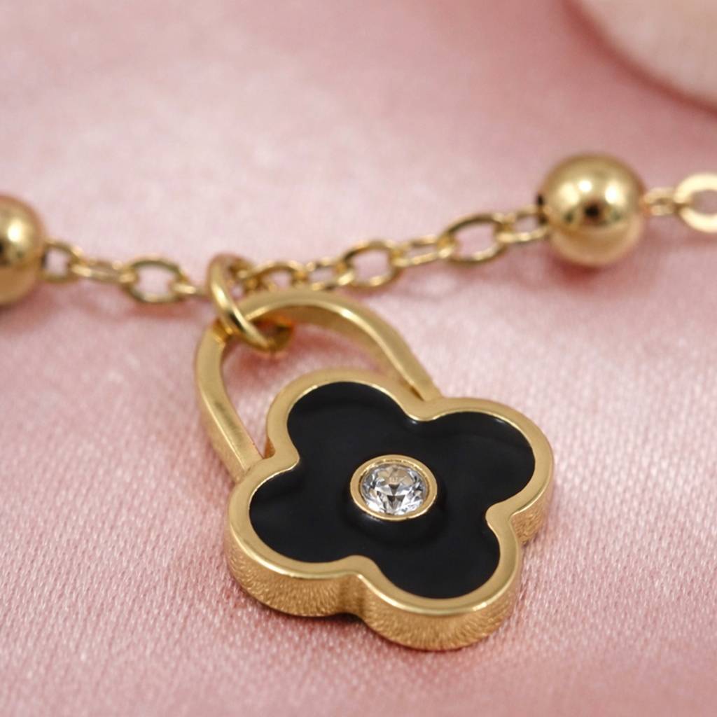 Gold Plated Black Clover Charm Anti-Tarnish Bracelet : HSPS60MB1531