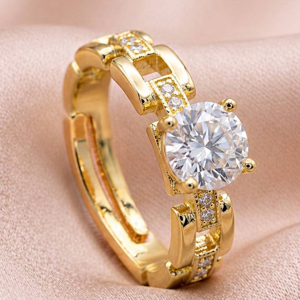 Elegant Gold Solitaire Crystal Anti-Tarnish Ring For Women : HSPS60MB1834