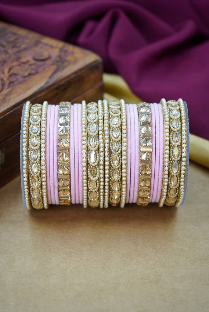 Premium Velvet Bangles Set – Wedding & Party Wear : HJ-28-24-PINK
