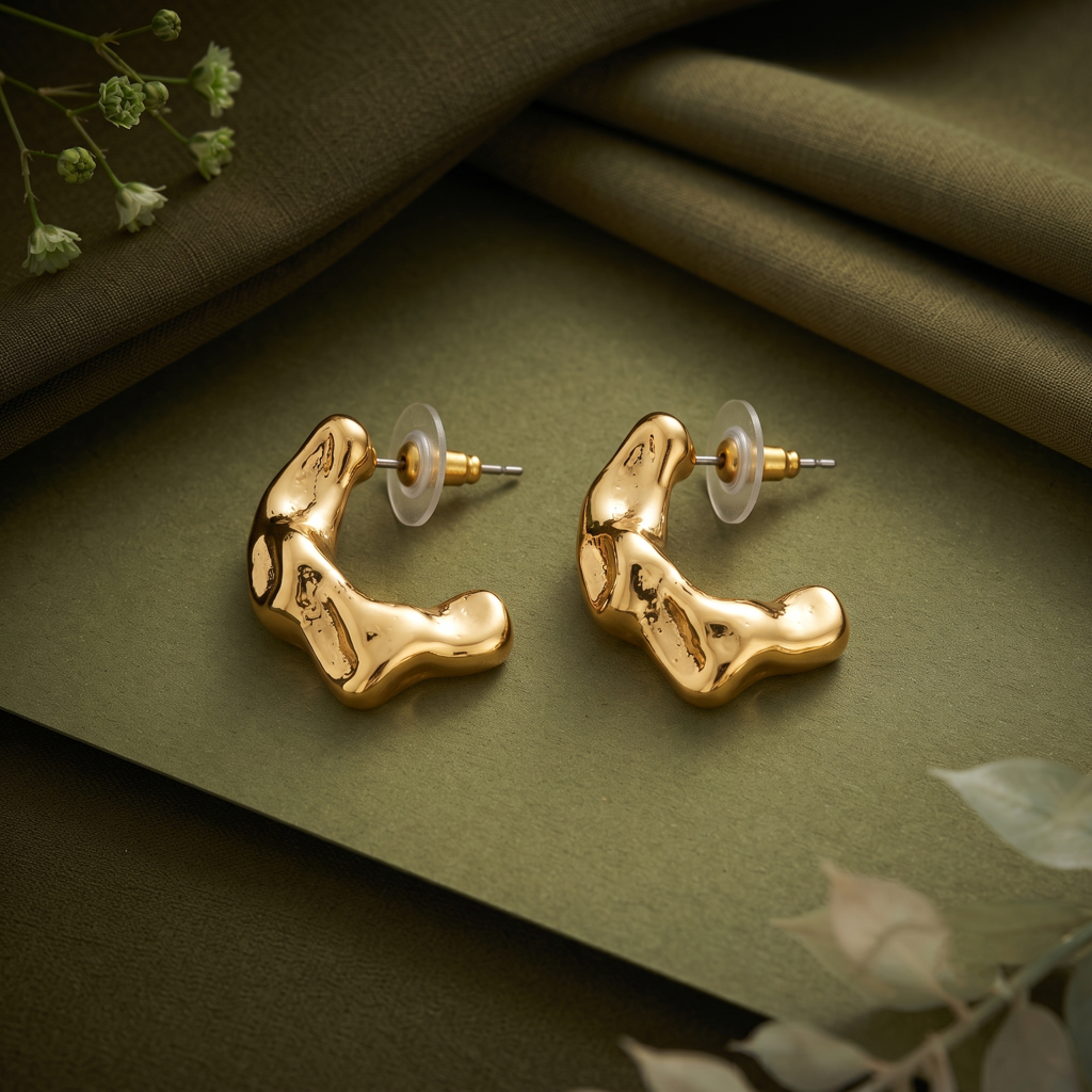 Gold Plated Brass Melted Organic Hoop Earrings : SCDELER0460