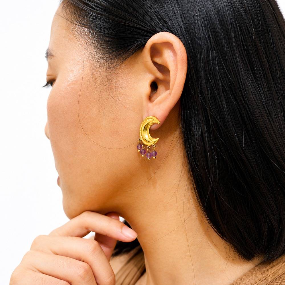 Women 18K Gold-Plated Crescent Moon Drop Earrings With Purple Beads : 101169