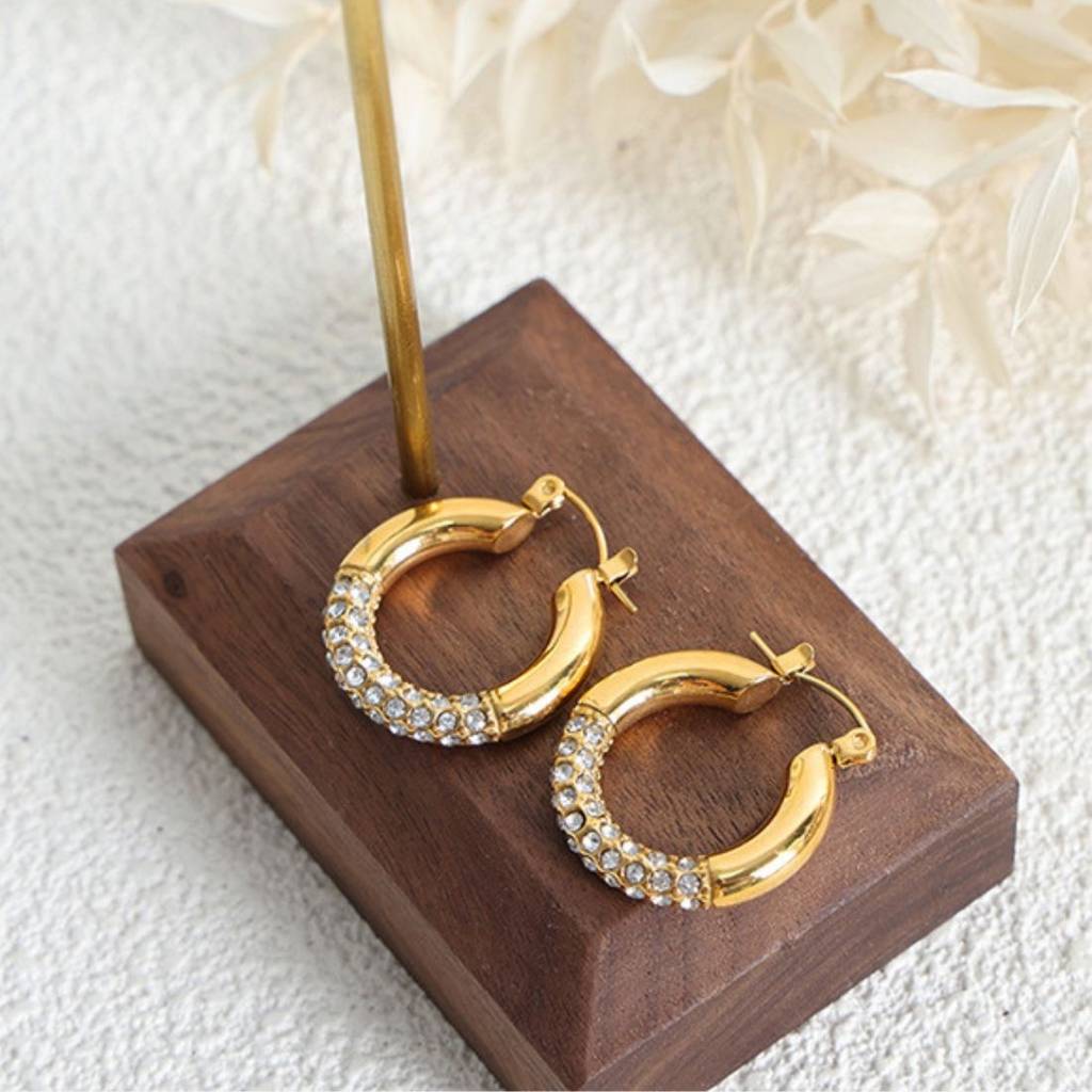 18K Gold Plated Waterproof Antitarnish Titanium Steel Rhinestone Hoop Earrings : AFT0924E867G