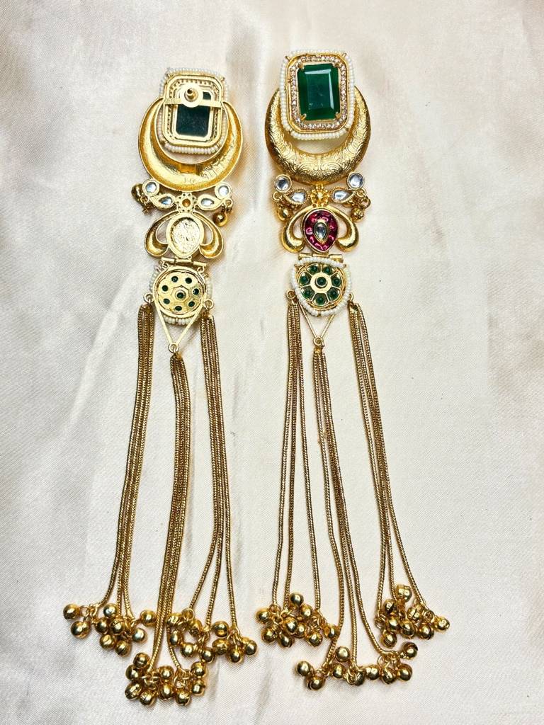 Gold-Plated Kundan And Stone Long Kashmiri Dangler Earrings : VI26EROX100345
