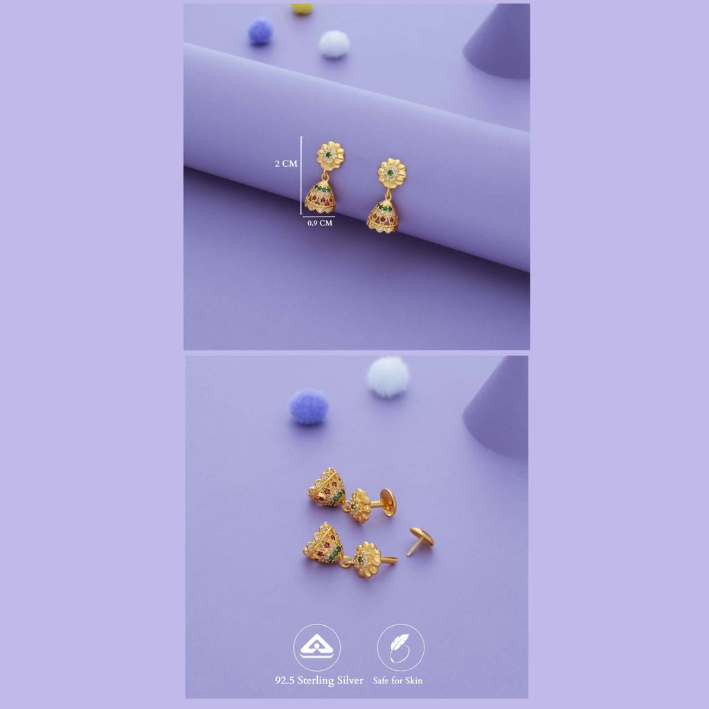 Riddhi Blossom Flower Jhumka 925 Silver 18K Gold Plated Earrings For Kids (2+ Yrs) : KE-TR-GO-N-191-P
