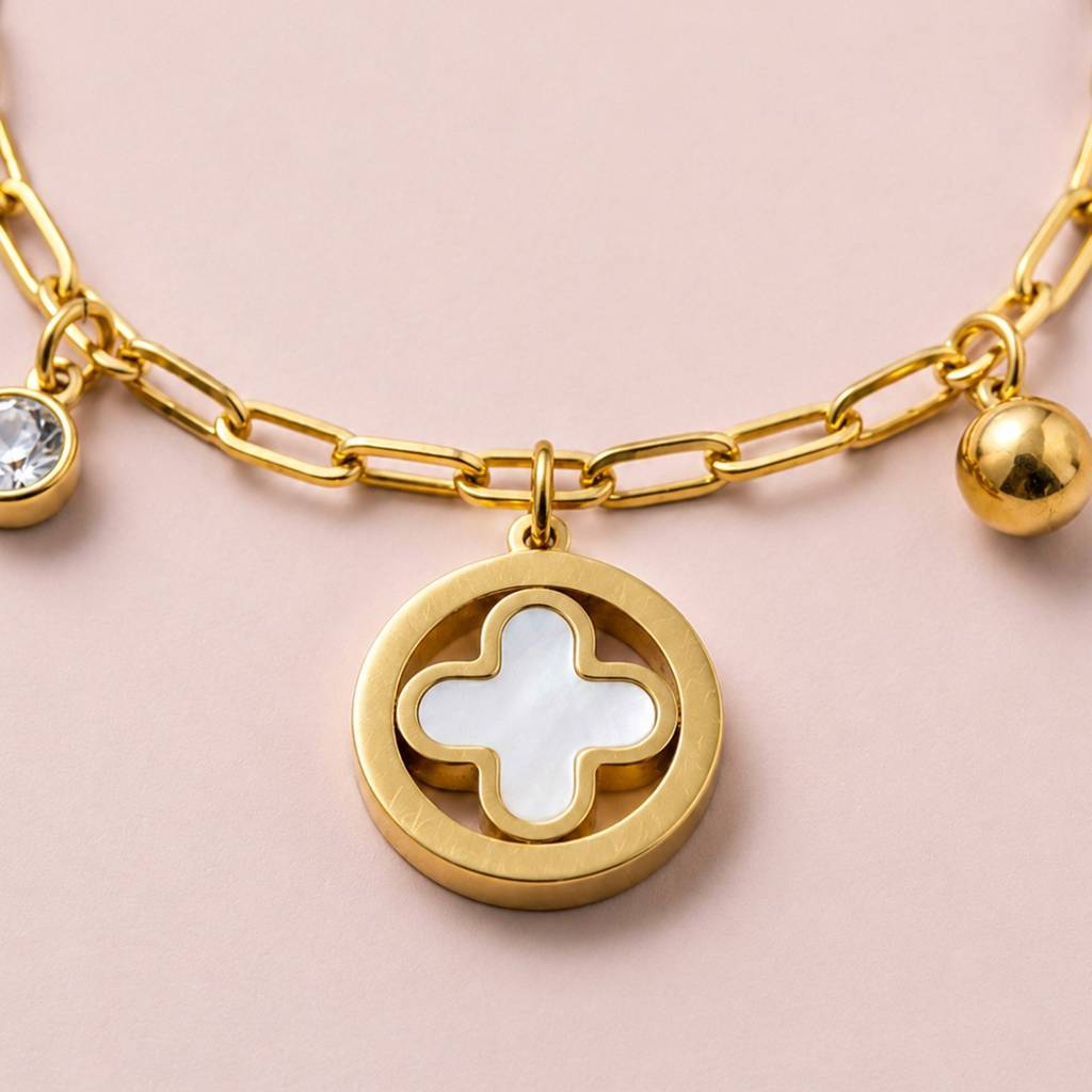 White Clover Crystal Drop Chain Anti-Tarnish Bracelet For Women : JW-HSPS60MB2036