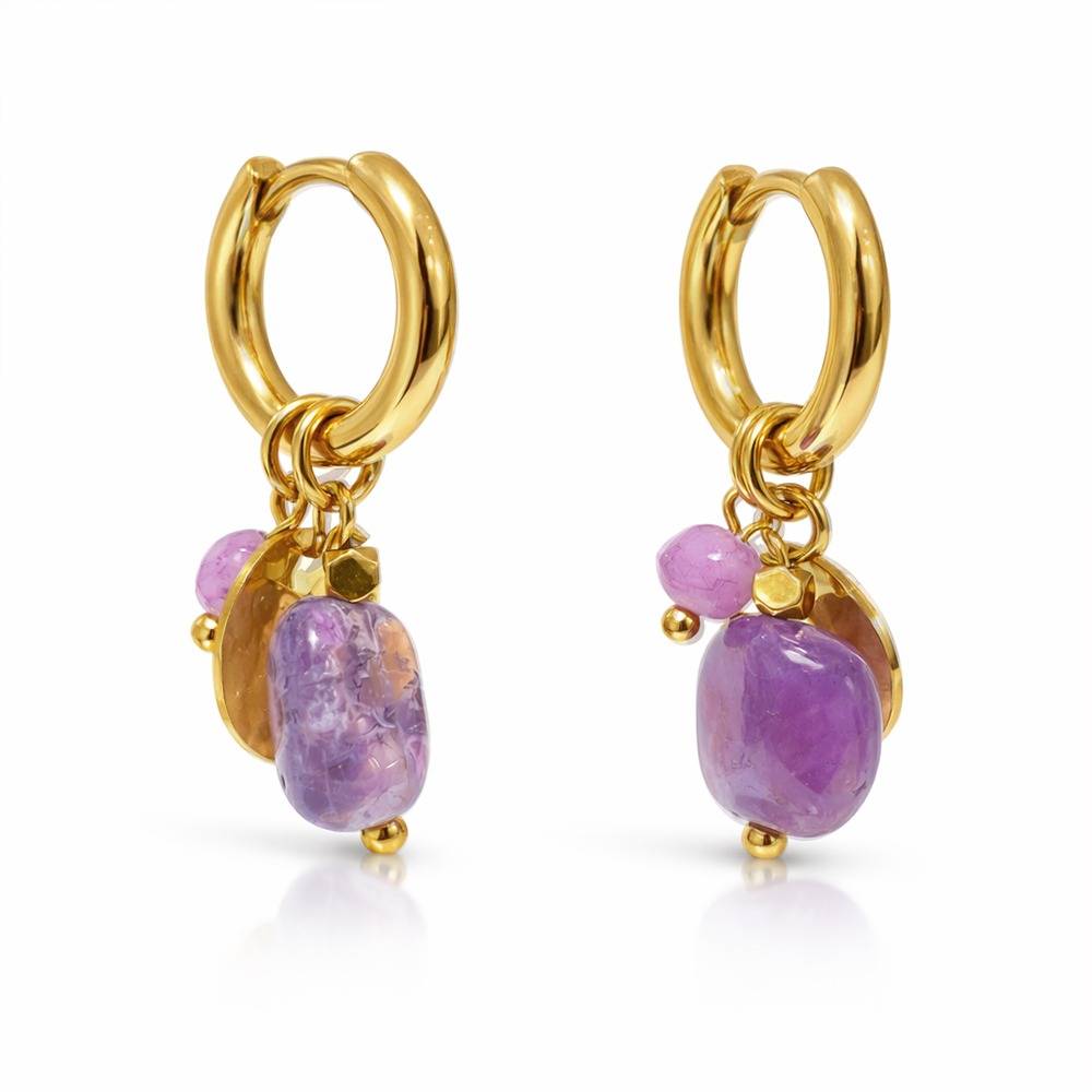 Gold Plated Purple Stone Charm Hoop Earrings For Women | Trendy Beaded Drop Earrings : 100691
