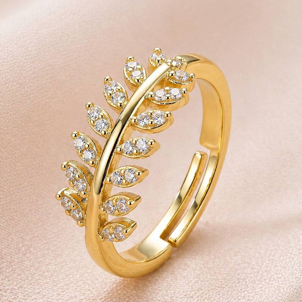 Nature-Inspired Gold Leaf Anti-Tarnish Ring For Women : HSPS60MB1842