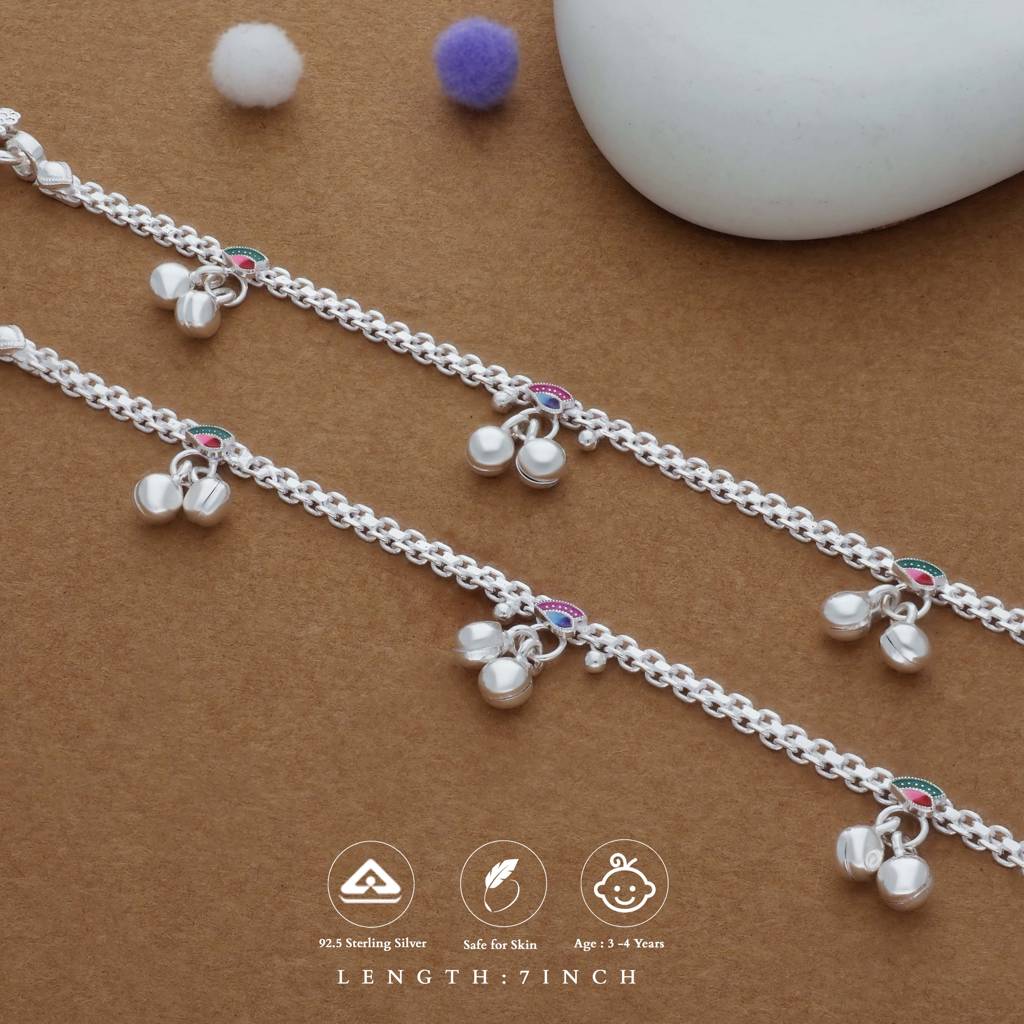 Sweet Steps Traditional 925 Silver Kid Anklet(3-4 Yrs) : KA-TU-RH-R-114-P