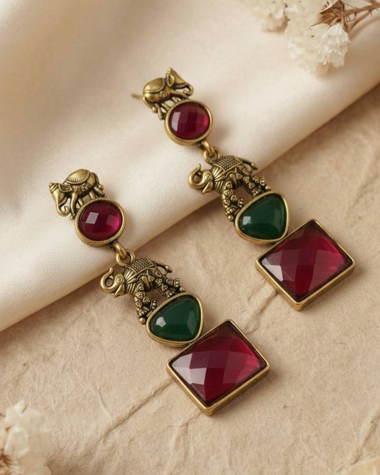 Antique Gold Elephant Design Long Drop Earrings : ORP106PinkGreen