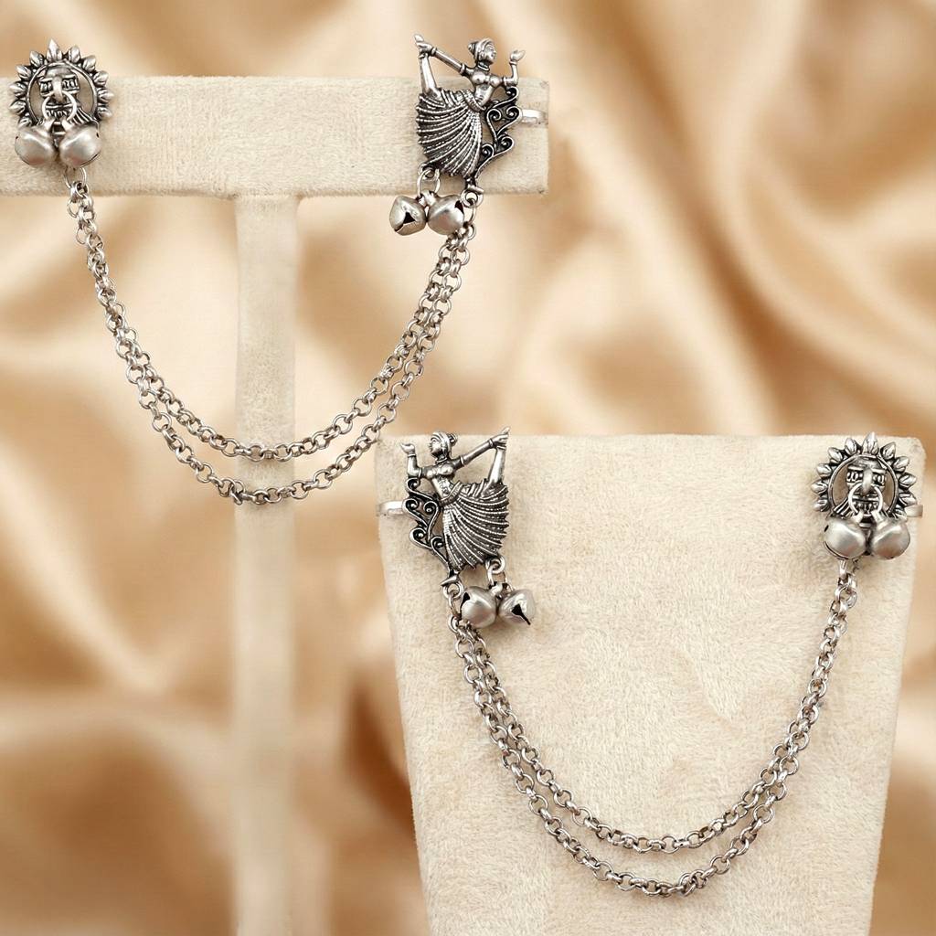 Oxidised Silver Leaf Floral Ear Cuff With Ghungroo Chain Drop Earrings : 258-KK2O-10672