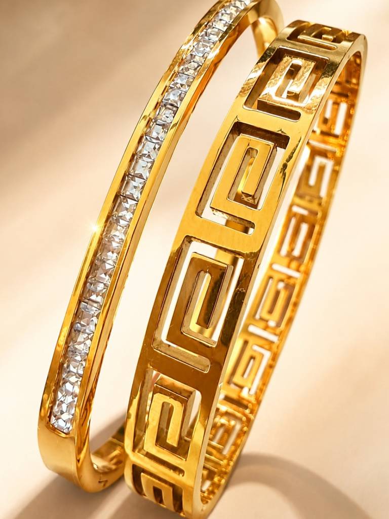 Cz Studded & Geometric Gold Bracelet Stack – Set Of 2 : CBR010CSG