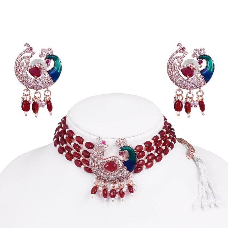 Traditional Peacock Design Cz Stone Beaded Choker Set : AD-935-RGRBNKER