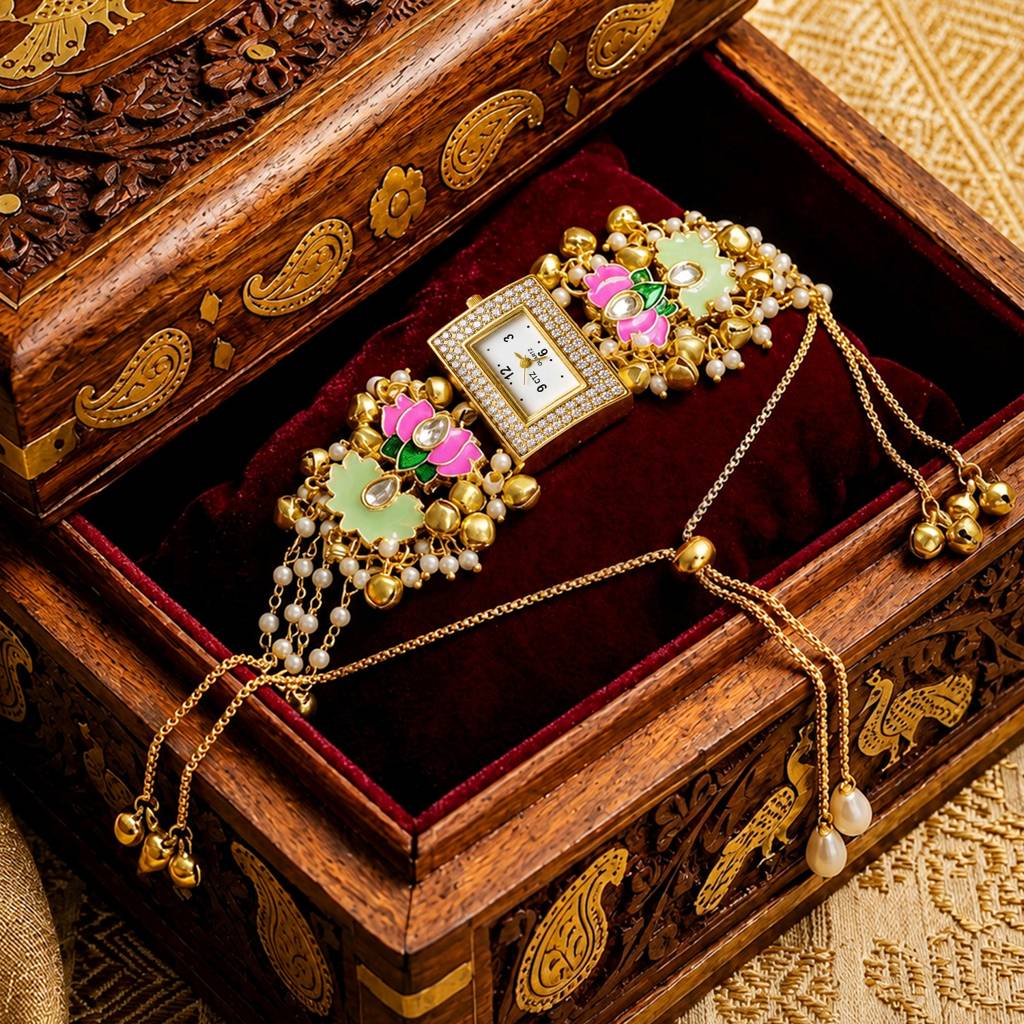 Pink & Mint Floral Bracelet Watch With Crystal Dial & Adjustable Chain : JW-HSPS60MB2258