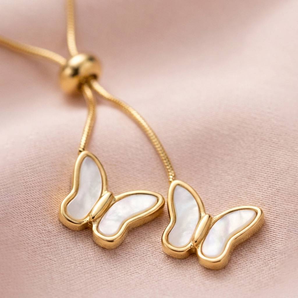 Gold-Plated Elegant Butterfly Duo Lariat Anti-Tarnish Pendant Necklace : HSPS60MB1588