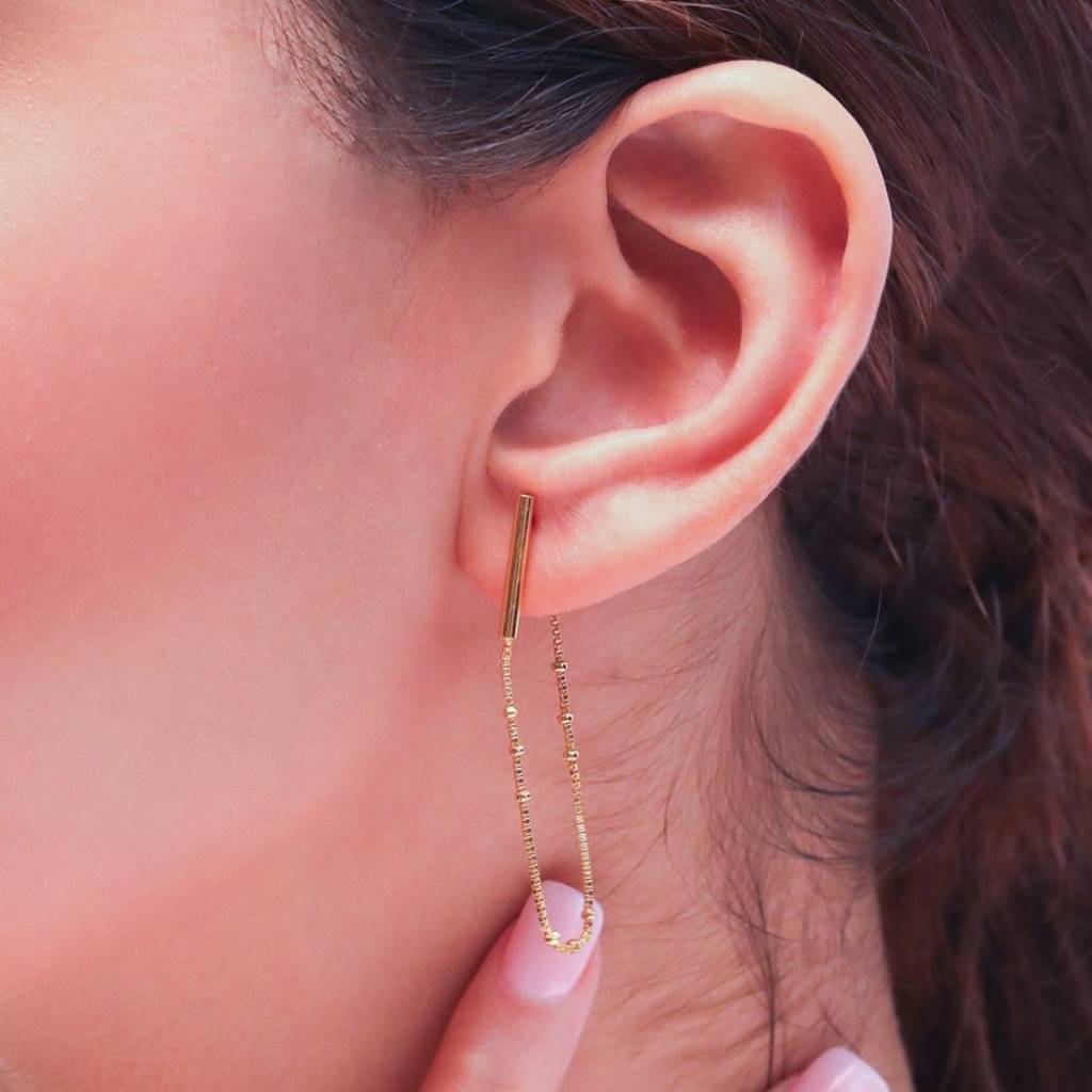 Golden Cascade 925 Sterling Silver Stud Earrings With Drop Chain Look : EAR-20424