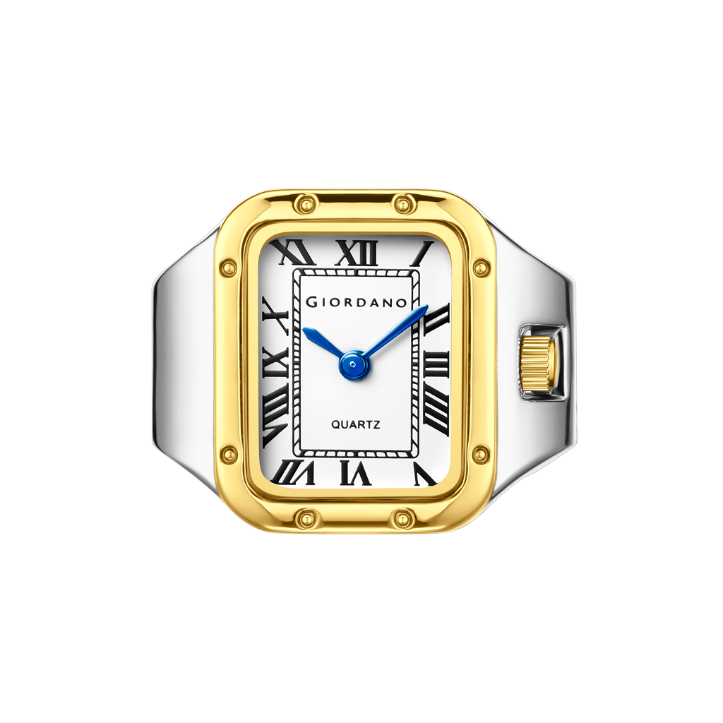 Analog Ring Watch For Women With Rectangular Dial, Roman Numeral Markers, Blue Hands, Quartz Movement And Stainl : GZ-60186-33