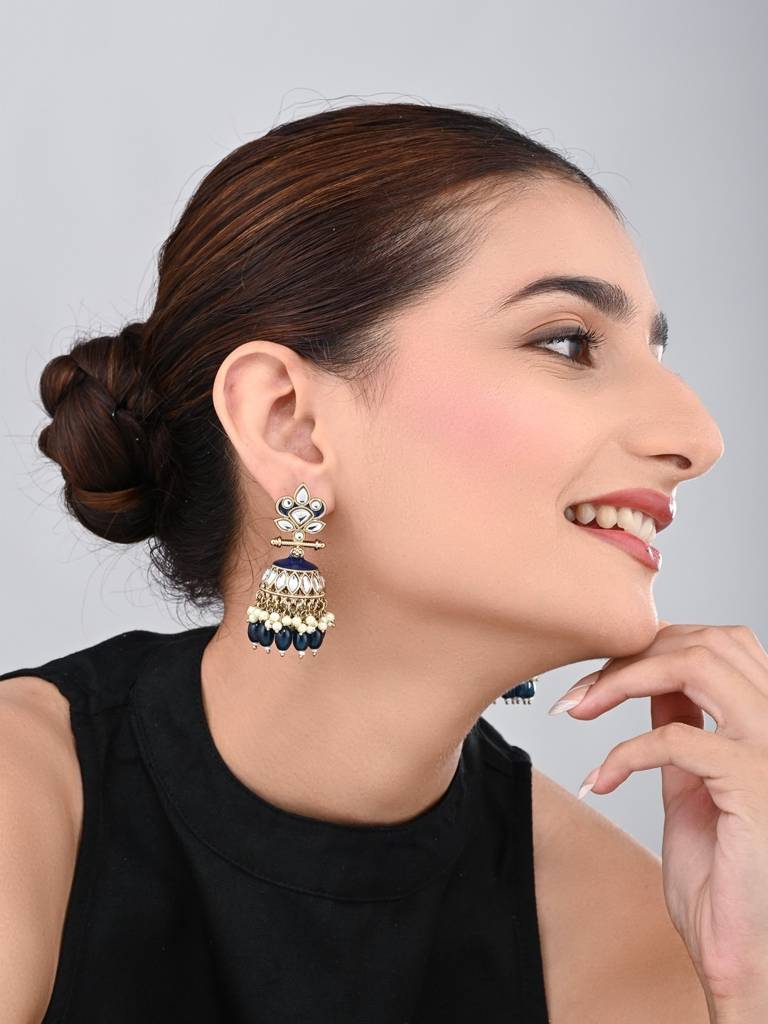 Gold Plated Kundan & Meenakari Jhumka Earrings : S24FAER411BLU