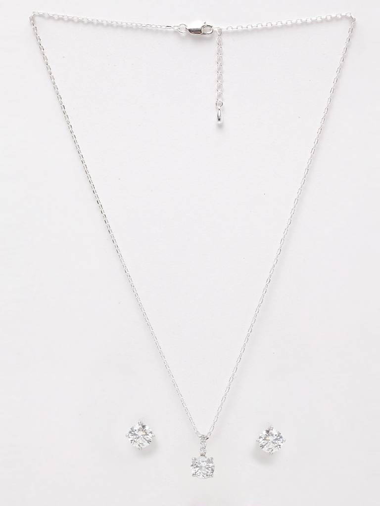 925 Sterling Silver White Gold Plated Round Brilliant Solitaire Pendant Earring Jewellery Set For Women & Girls : CSSOLP1E1RD